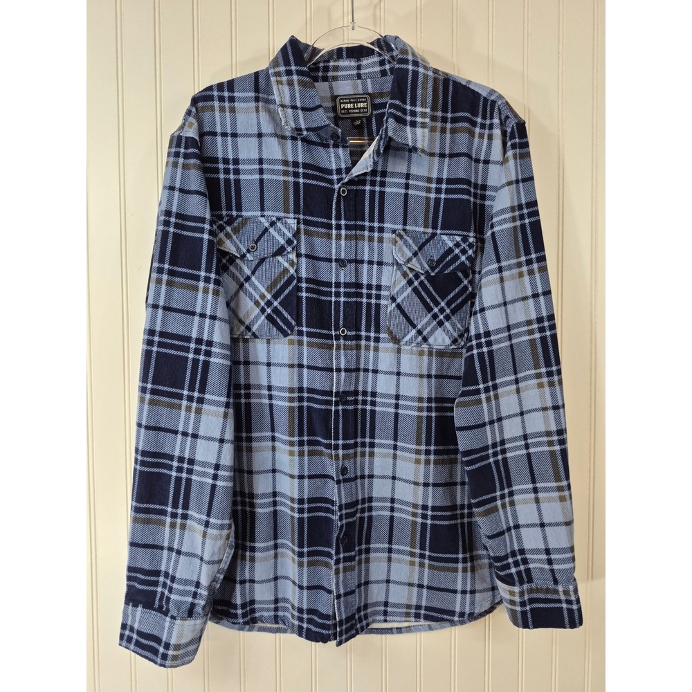 Pure Lure Reel Fishing Gear Mens Blue Plaid Corduroy Button Down Shirt Large